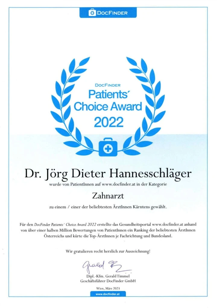 Urkunde Dr. Hannesschläger DocFinder Patients‘ Choice Award