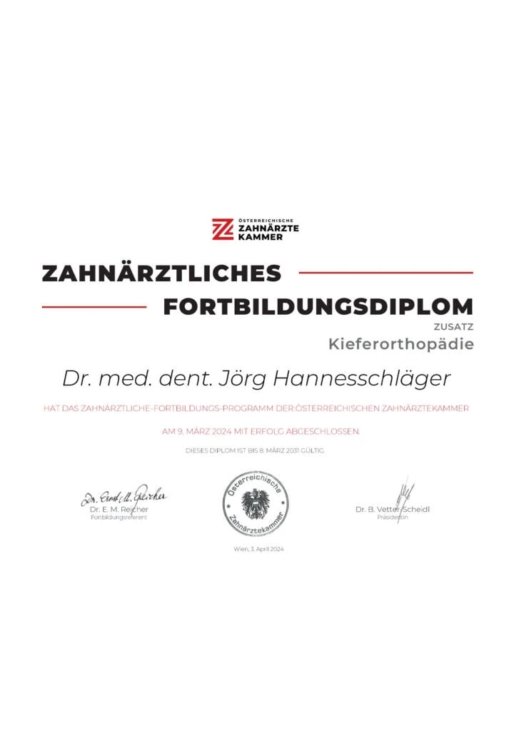 Zahnärztliches Fortbildungsdiplom mit Zusatz Kieferorthopädie