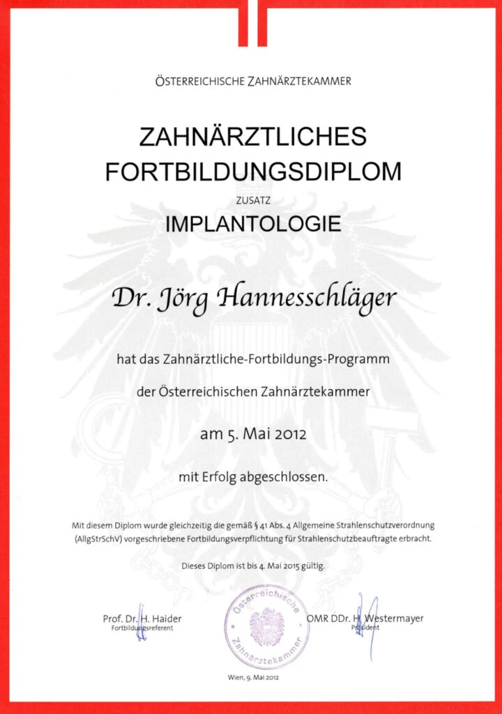 Zahnärztliches Fortbildungsdiplom mit Zusatz Implantologie 2012