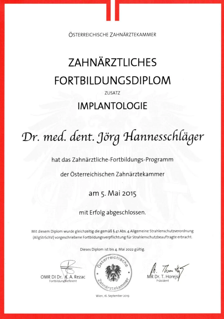 Zahnärztliches Fortbildungsdiplom mit Zusatz Implantologie 2015