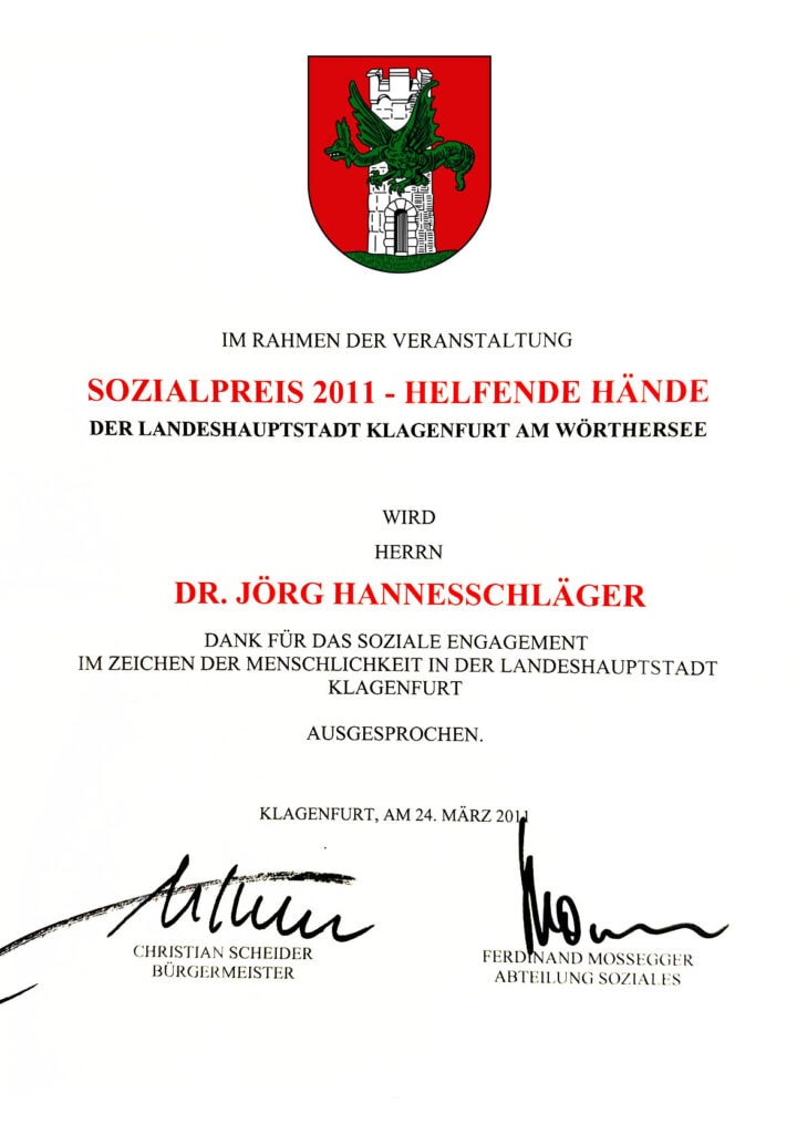 Urkunde Sozialpreis 2011: Helfende Hände