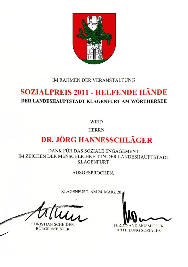Urkunde Sozialpreis 2011: Helfende Hände