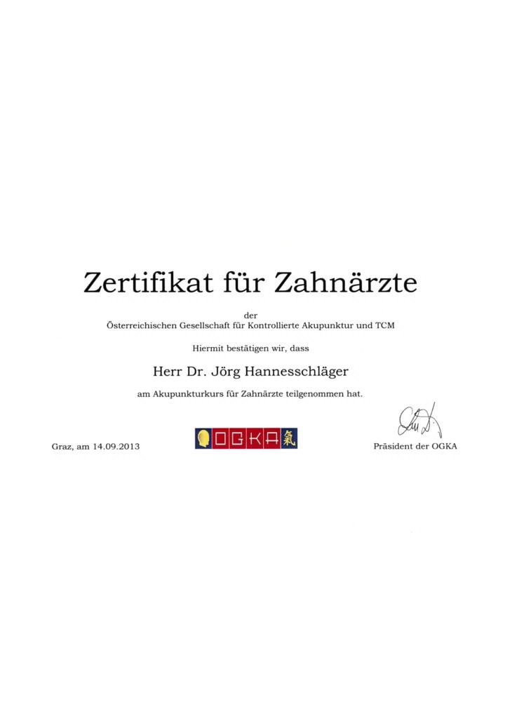 Zertifikat: Akupunkturkurs für Zahnärzte
