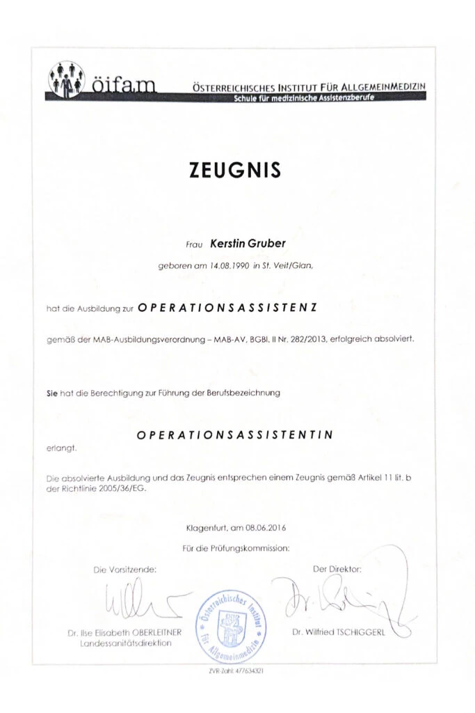 Arbeitszeugnis für die Tätigkeit als Operationsassistenz von Kerstin Gruber