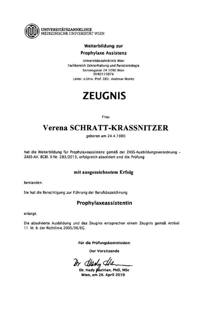 Zeugnis Prophylaxe-Assistenz von Verena Schratt-Krassnitzer