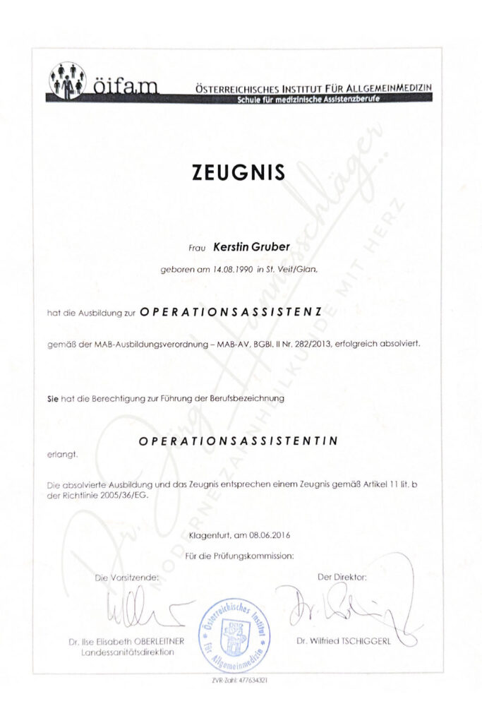Arbeitszeugnis für die Tätigkeit als Operationsassistenz von Kerstin Gruber