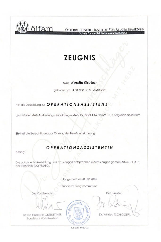 Arbeitszeugnis für die Tätigkeit als Operationsassistenz von Kerstin Gruber