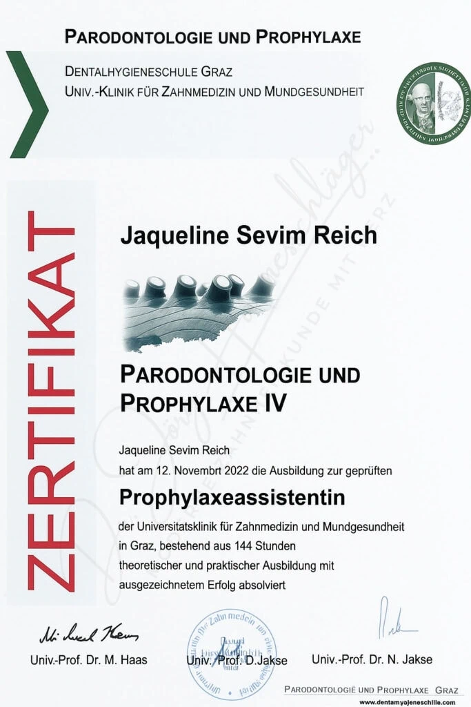 Zertifikat Parodontologie und Prophylaxe von Jaqueline Sevim Reich