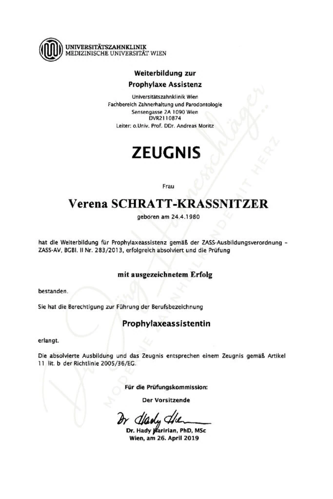 Zeugnis Prophylaxe-Assistenz von Verena Schratt-Krassnitzer